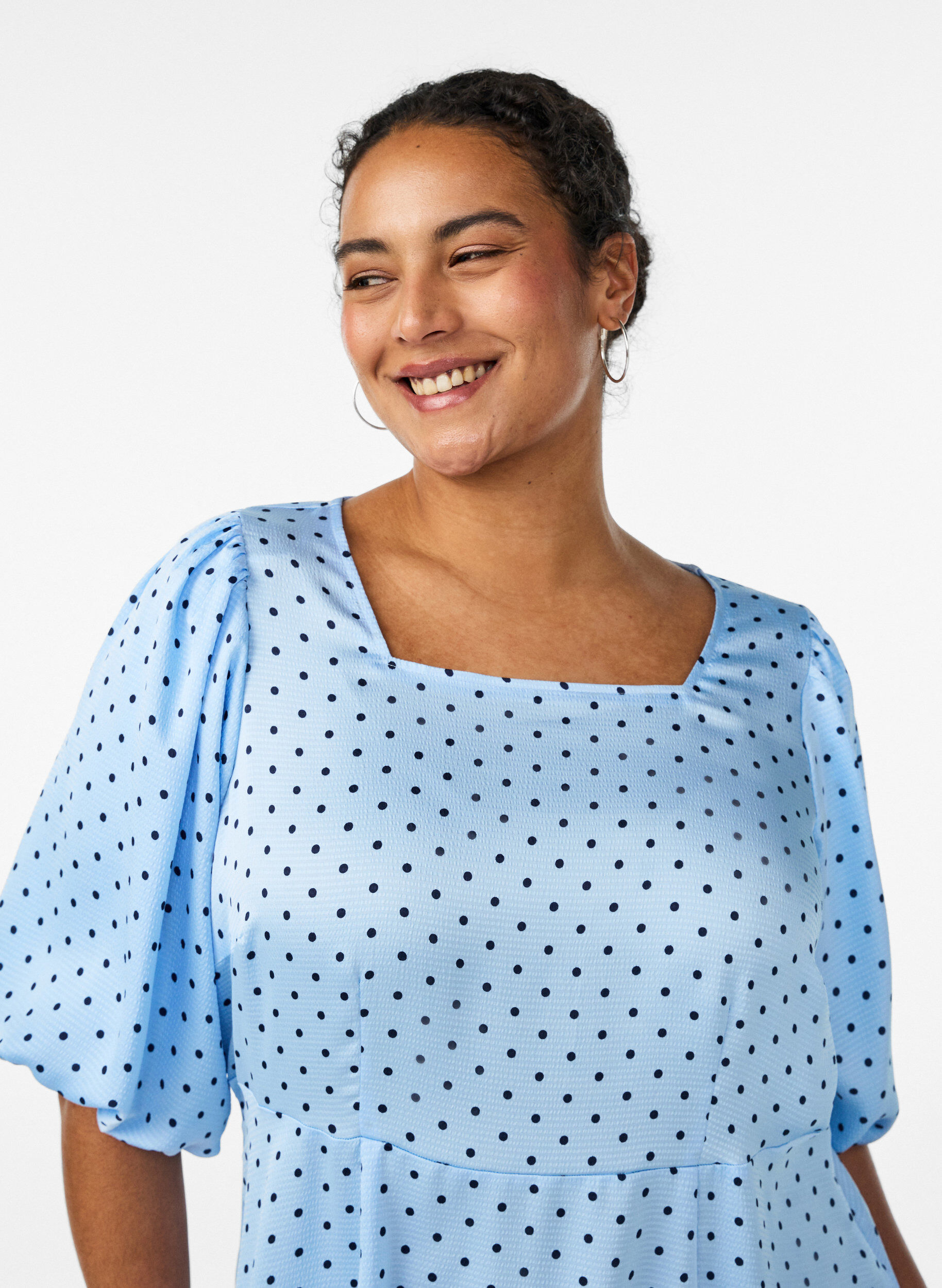 Zizzi Polkadot midi-jurk met vierkante halslijn, Blauw, Model image number 3