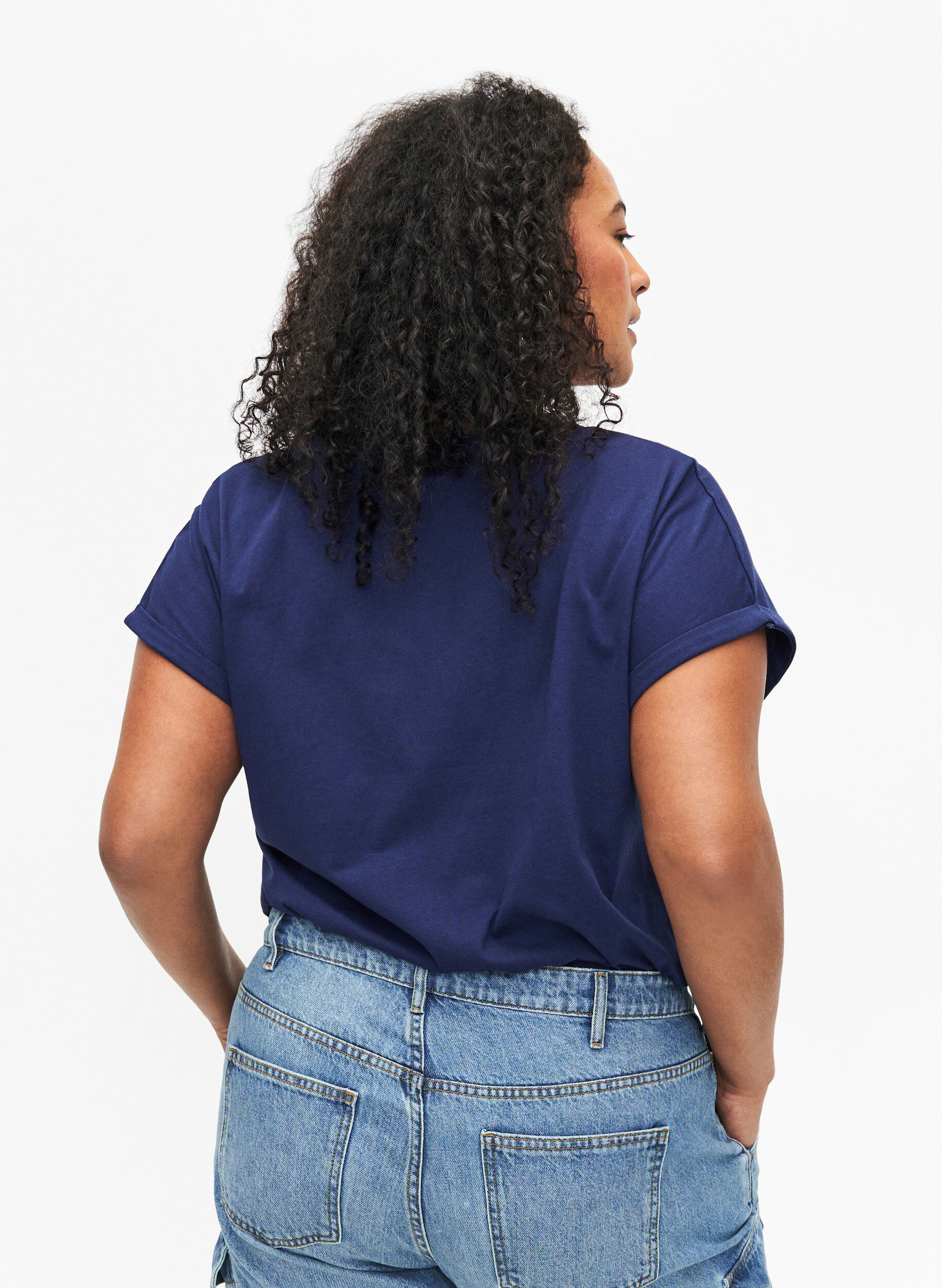 Zizzi T-shirt van biologisch katoen met gouden opdruk, Med.Blue Gold Flower, Model image number 1