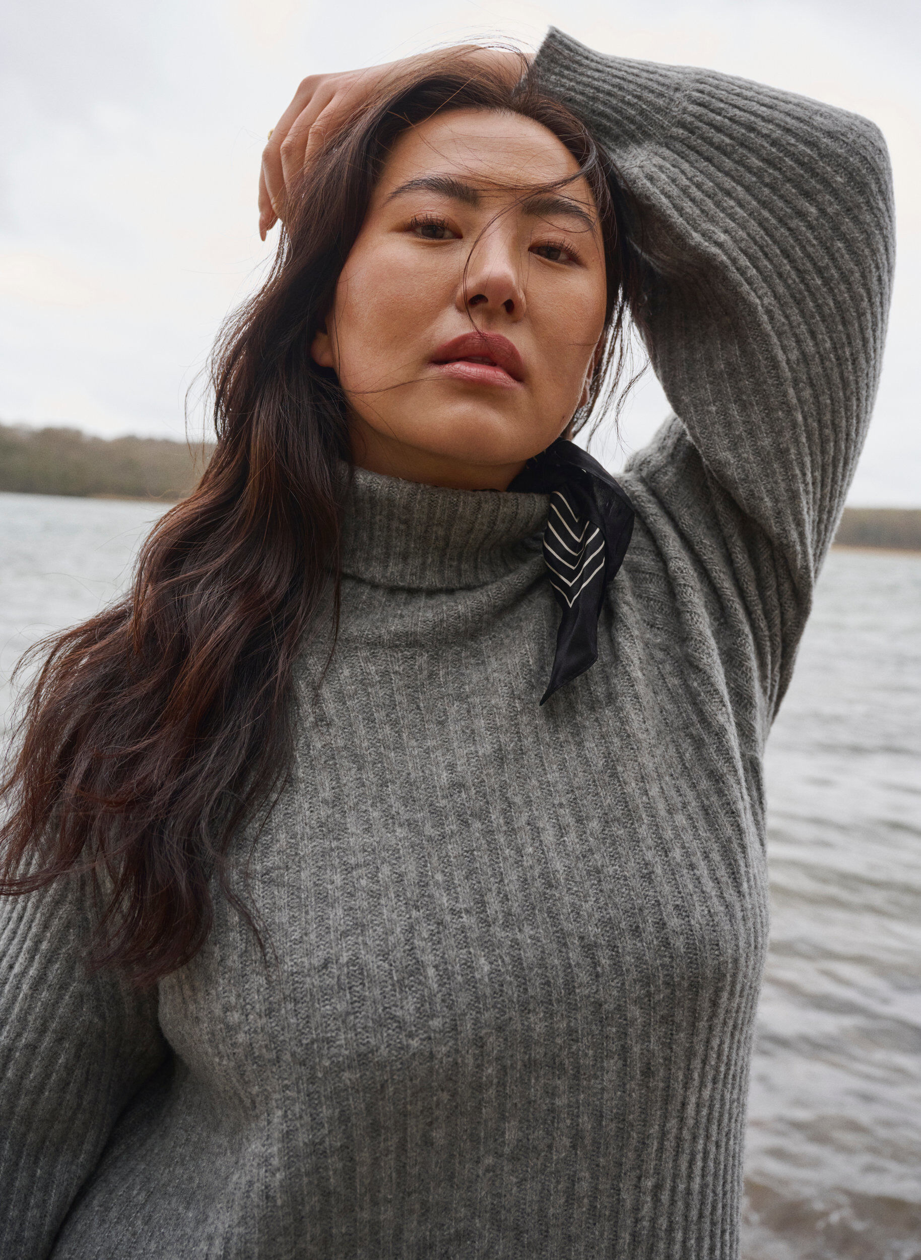 Zizzi Lange gebreide jurk met col, Medium Grey Mel., Image image number 1