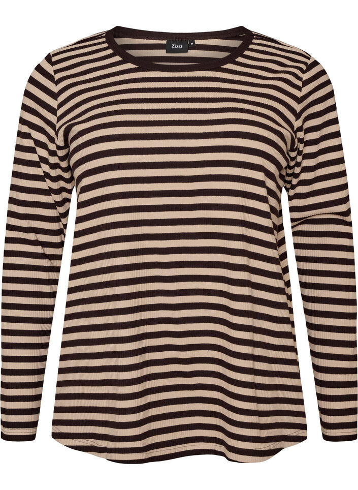 Gestreepte blouse met lange mouwen, Bruin, Packshot image number 0