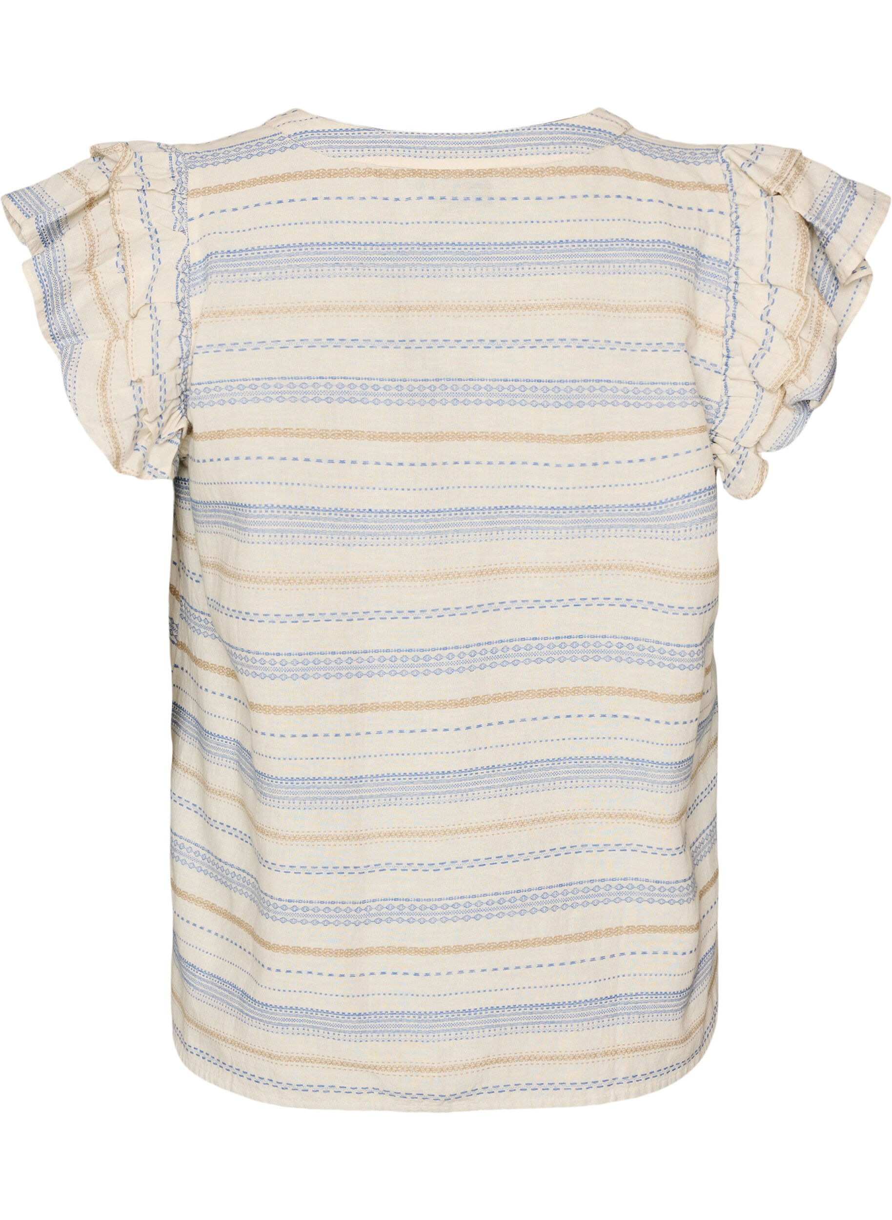 ZizziMouwloze blouse met ruches en gestreept patroon, Vanille, Packshot image number 1
