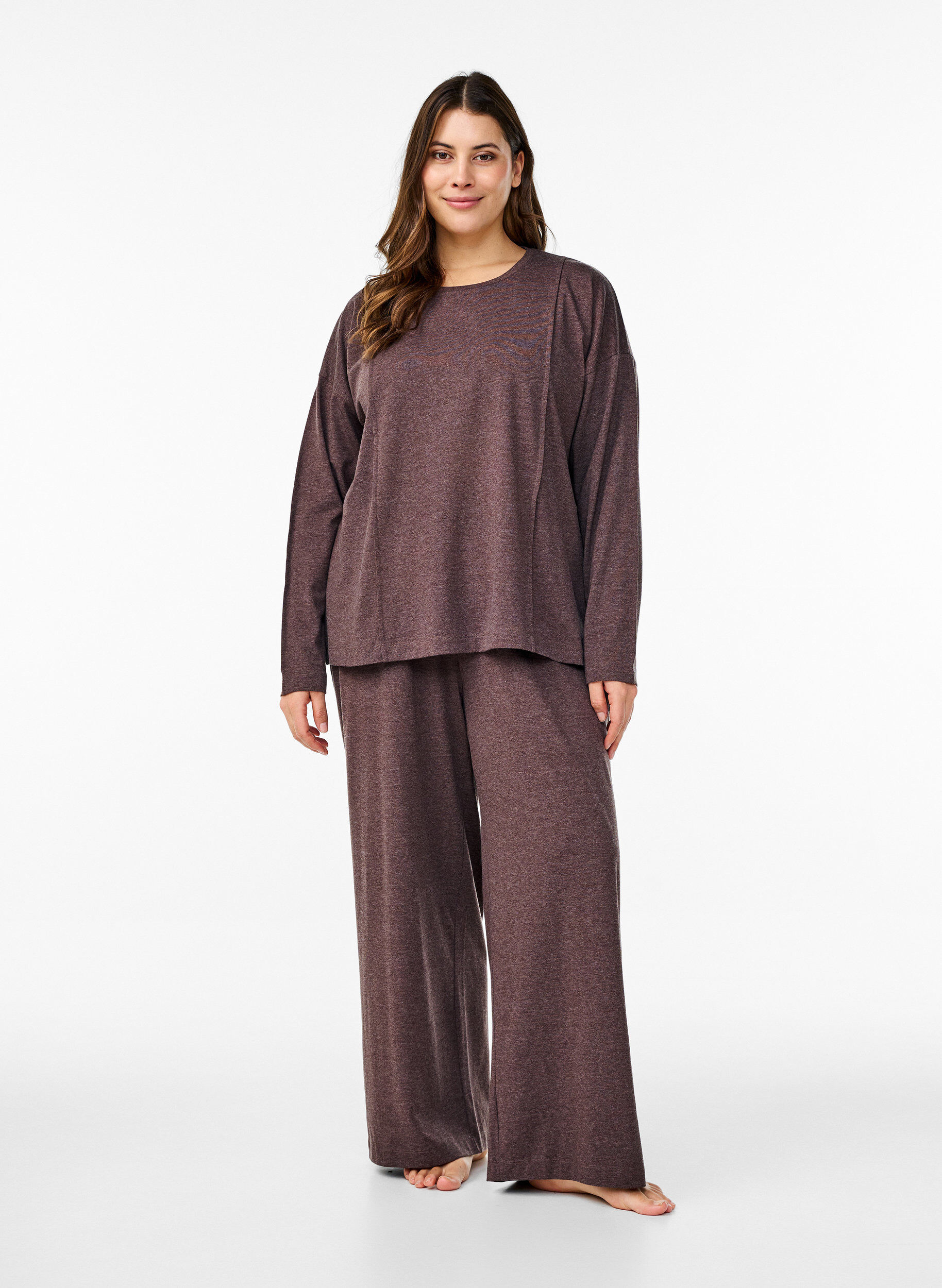 Zizzi Losse jersey blouse met naaddetails, Bruin, Model image number 1