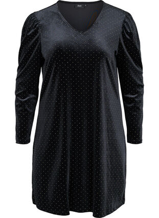 Fluwelen jurk met lange mouwen en steentjes, Black w. Gold, Packshot image number 0