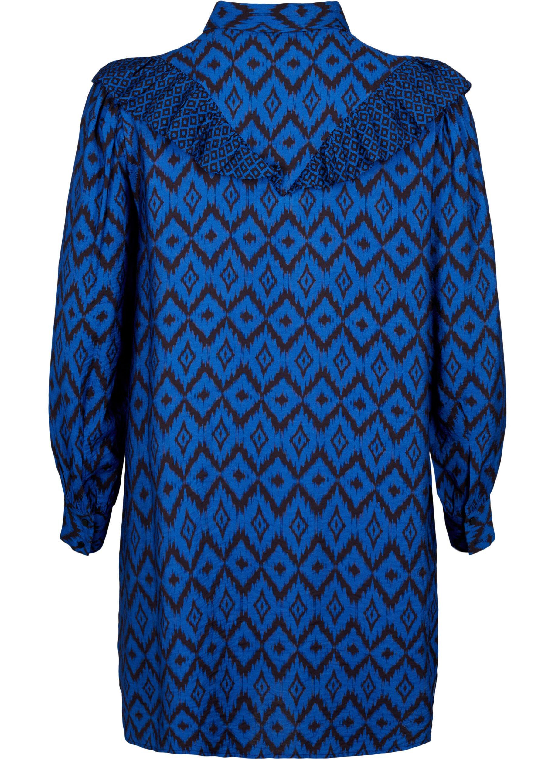 Zizzi Lange viscose shirt met print en franjes, True blue w. Black, Packshot image number 1