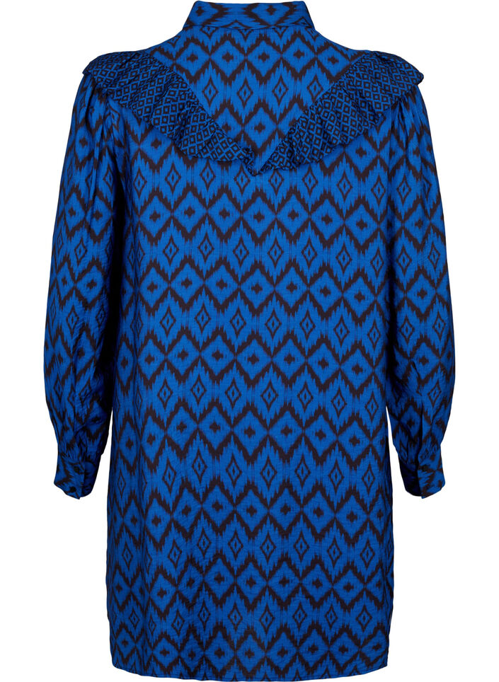 Lange viscose shirt met print en franjes, True blue w. Black, Packshot image number 1