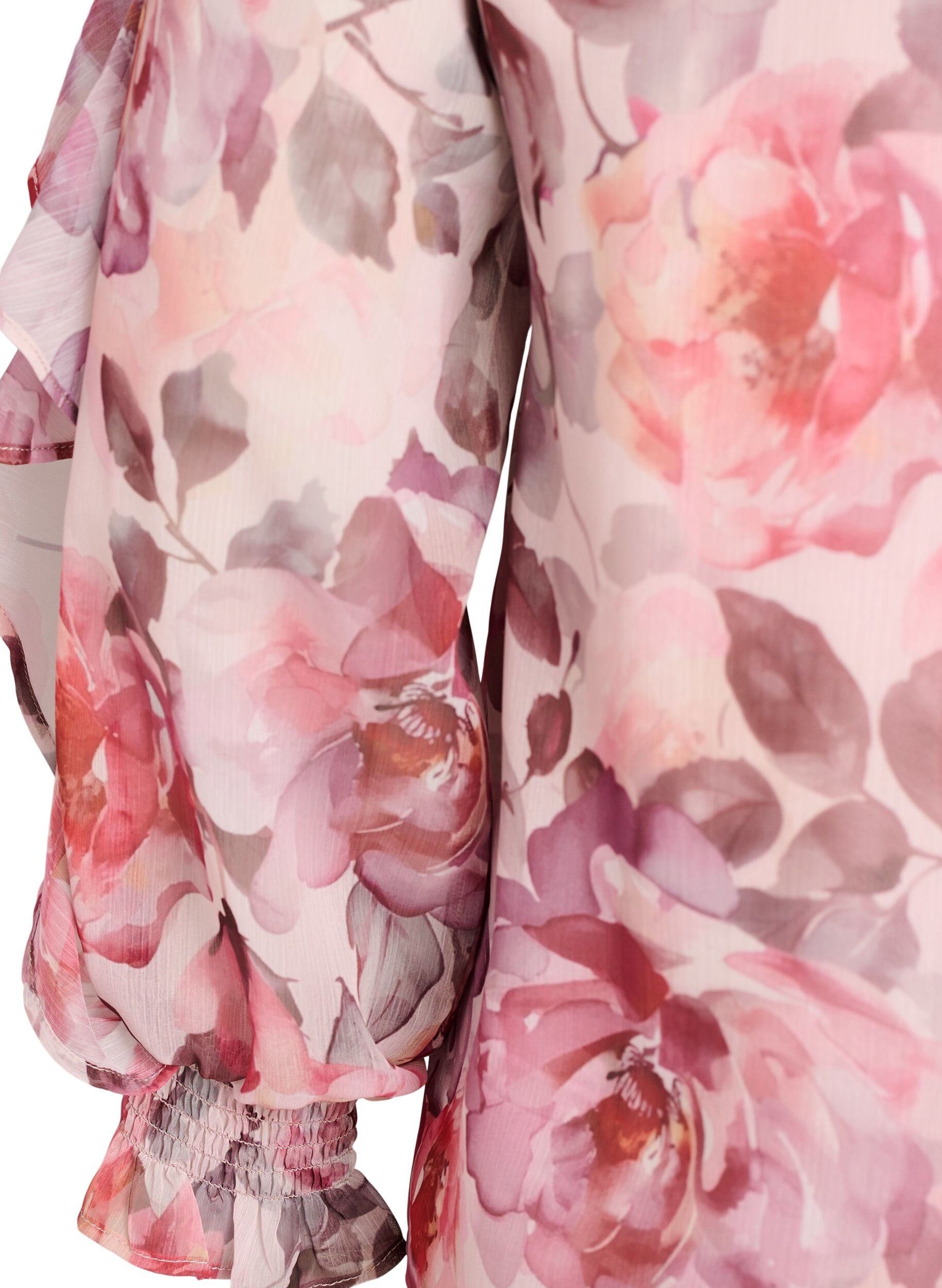 Zizzi Blouse met bloemenprint, V-hals en ruches mouwen, Roze, Packshot image number 3