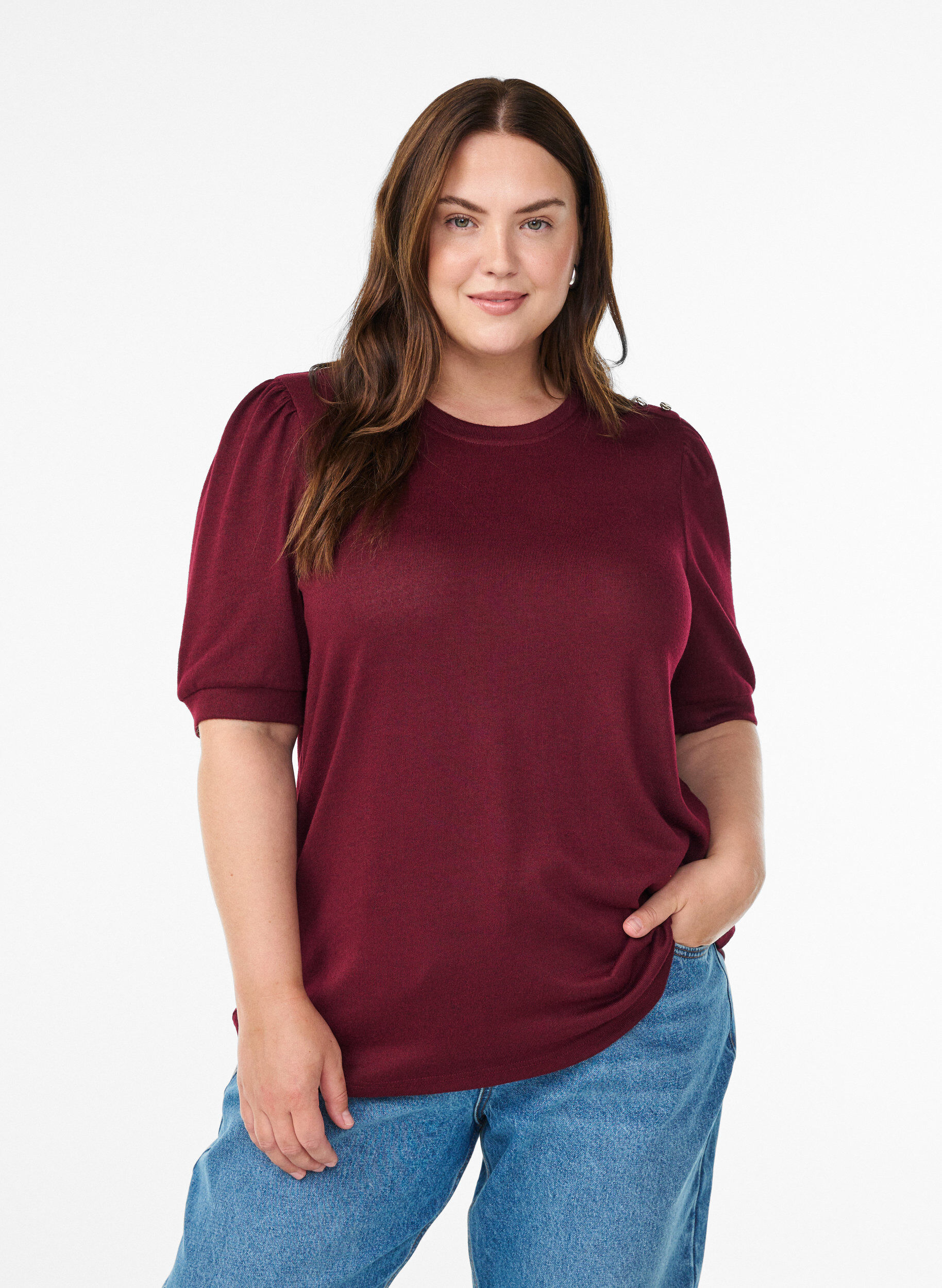 ZizziBlouse met knoopdetail en korte pofmouwen, Donker Bordeaux, Model image number 0