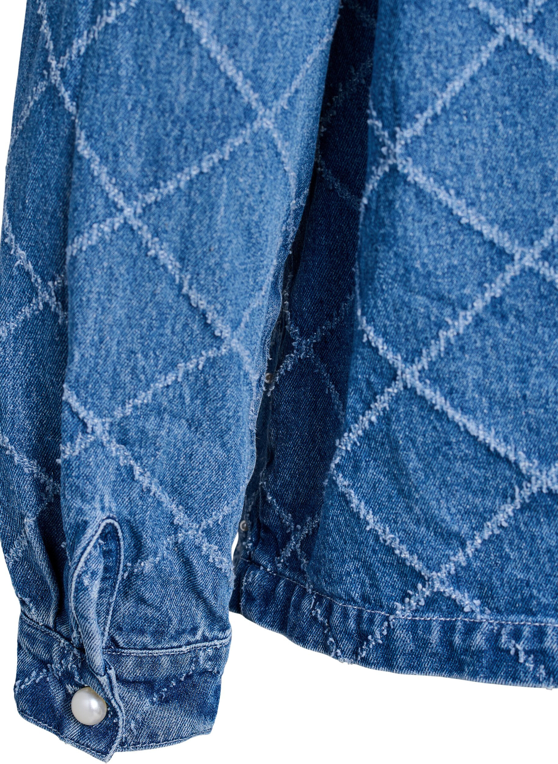 Zizzi Denim blouse met destroyed patroon en pareldetails, Blauw, Packshot image number 3