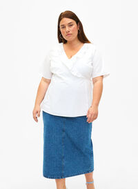 Halflange denim rok met split aan de achterkant, Denim Blue, Model