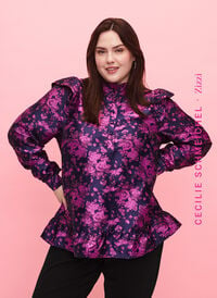 Gebloemde jacquard blouse met ruches, Dark Blue Pink, Model