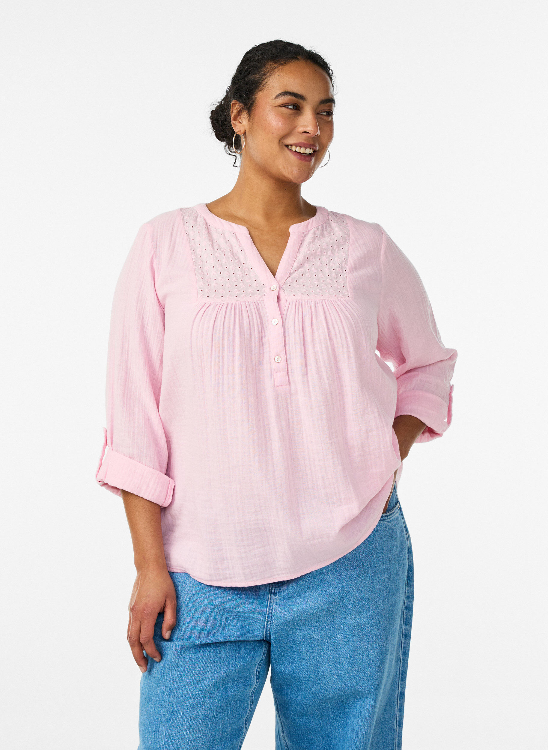 Blouse in katoenen mousseline met broderie anglaise, Roze, Model