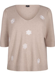 Gebreide blouse met geborduurde bloemen, Simply Taupe Mel.