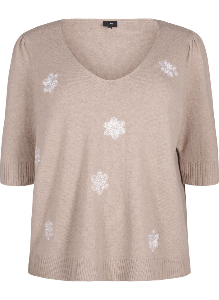 Gebreide blouse met geborduurde bloemen, Simply Taupe Mel., Packshot image number 0