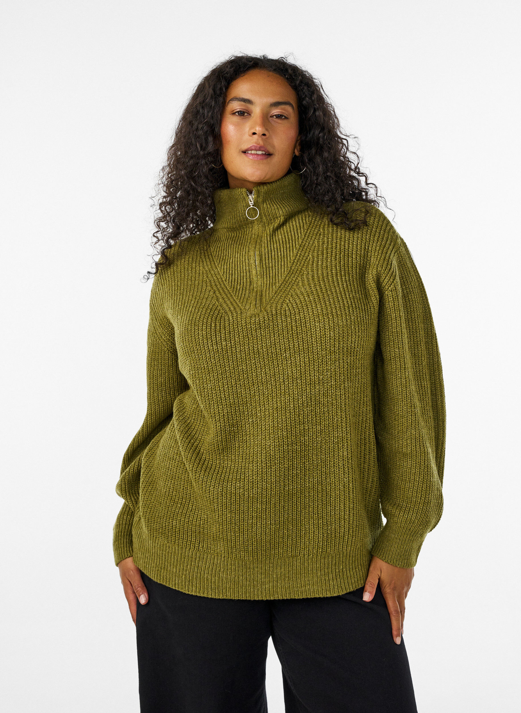 ZizziGebreide trui met hoge hals en rits, Groen, Model image number 0