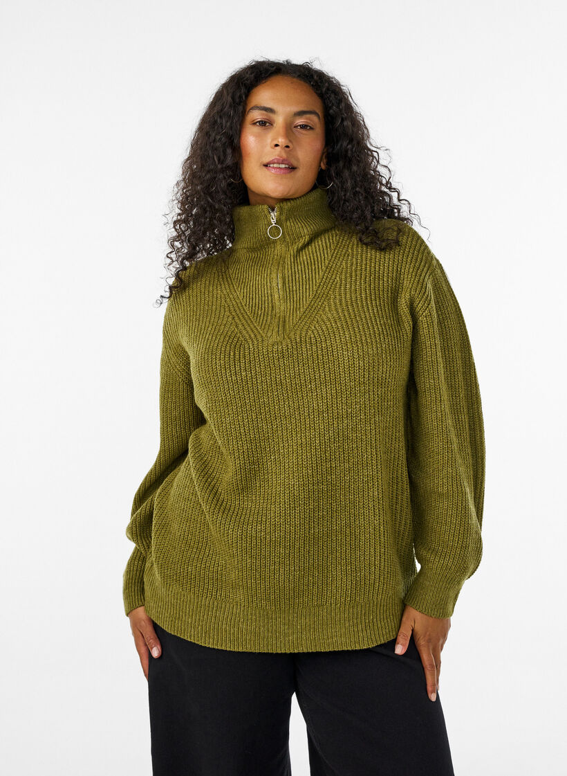 Gebreide trui met hoge hals en rits, Groen, Model image number 0