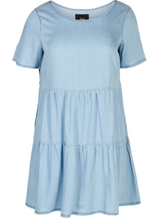 Denim jurk met korte mouwen en plooien, Light blue denim, Packshot image number 0