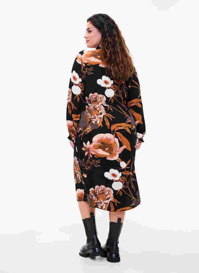 Gebloemde viscose jurk met kant, Black Flower AOP, Model image number 1
