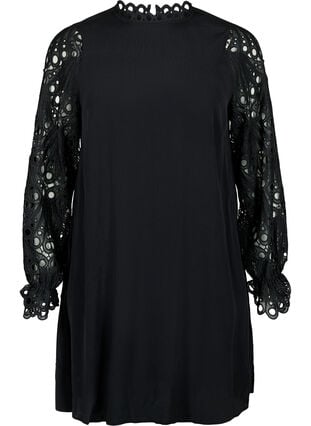 Viscose jurk met crochet mouwen, Black, Packshot image number 0
