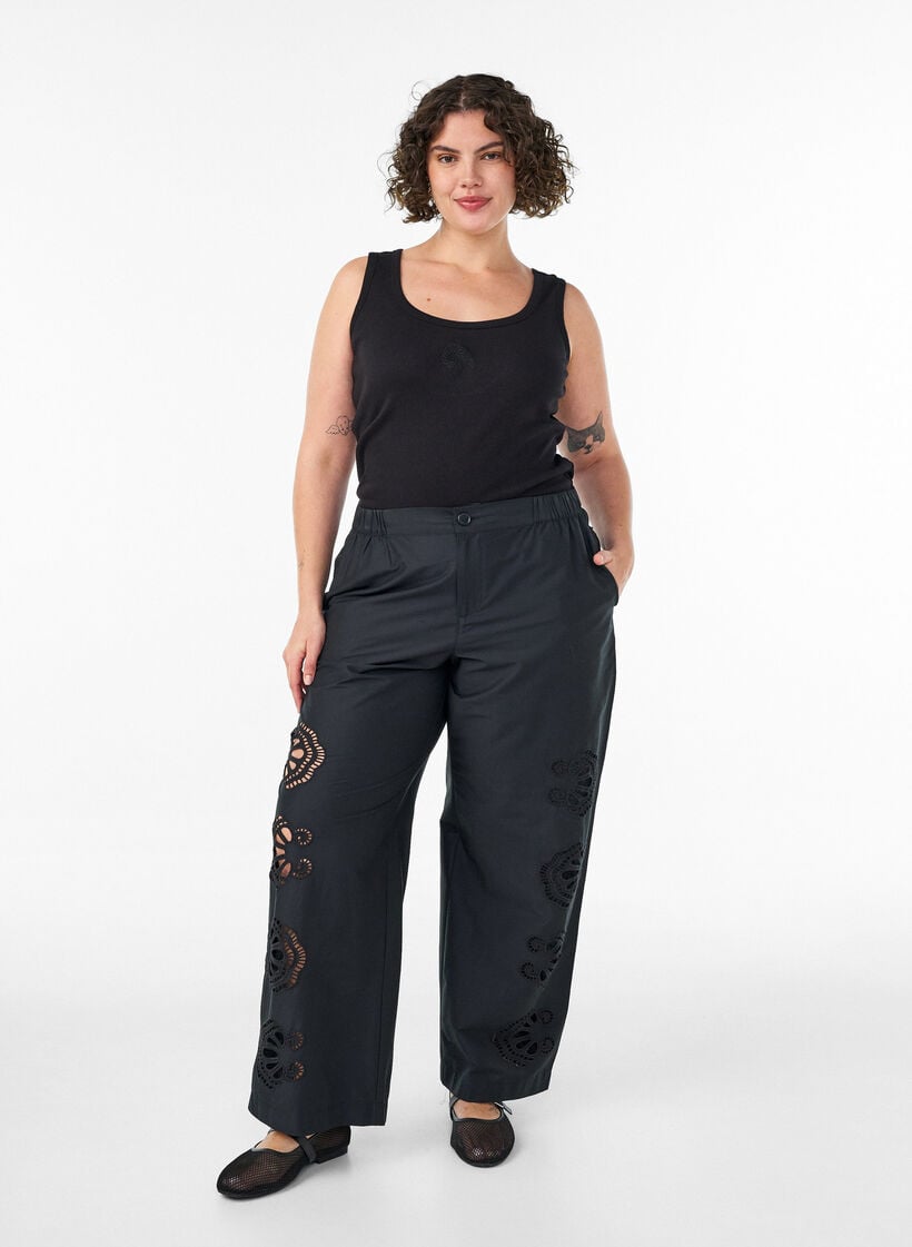 Katoenen broek met geborduurde uitsnijdingen, Zwart, Model image number 0