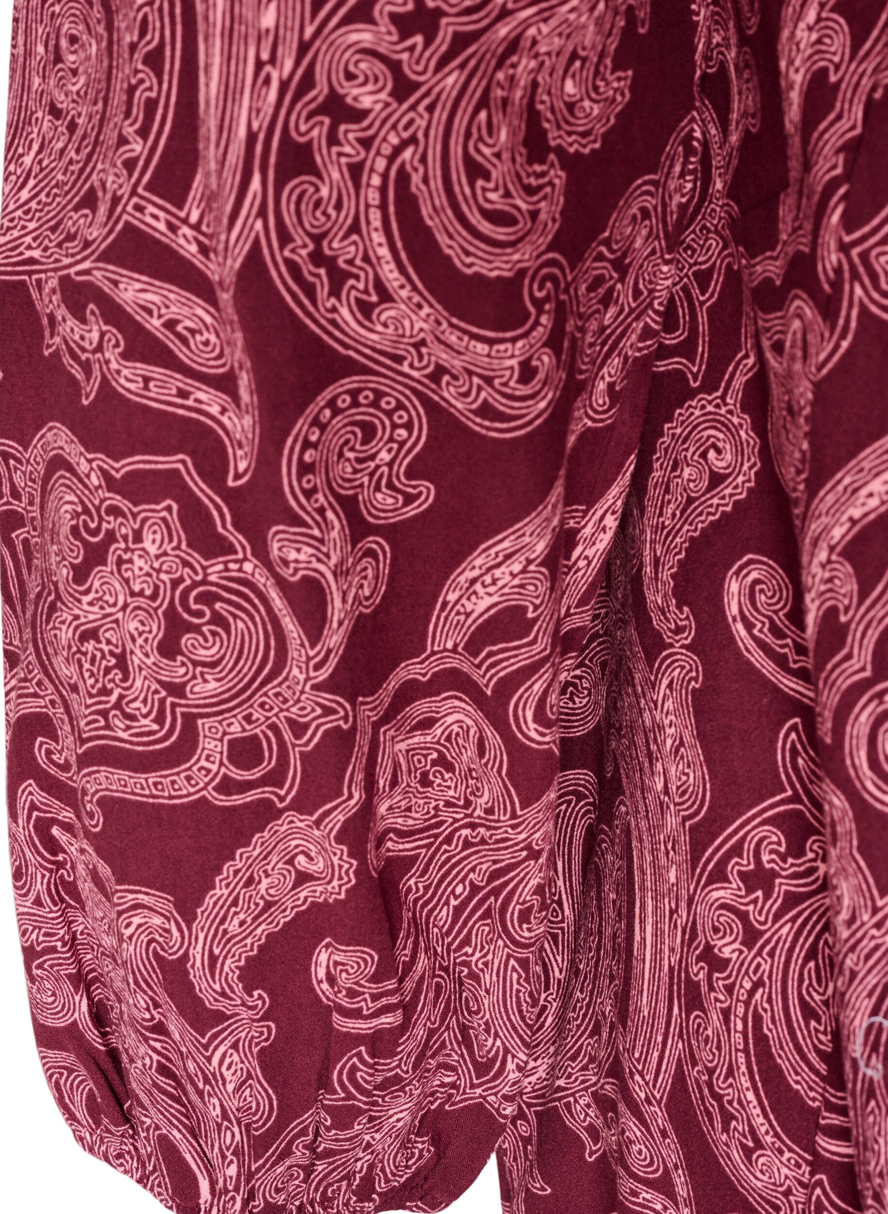 ZizziKorte katoenen jurk met een elastische zoom en lange mouwen, Donker Bordeaux, Packshot image number 3