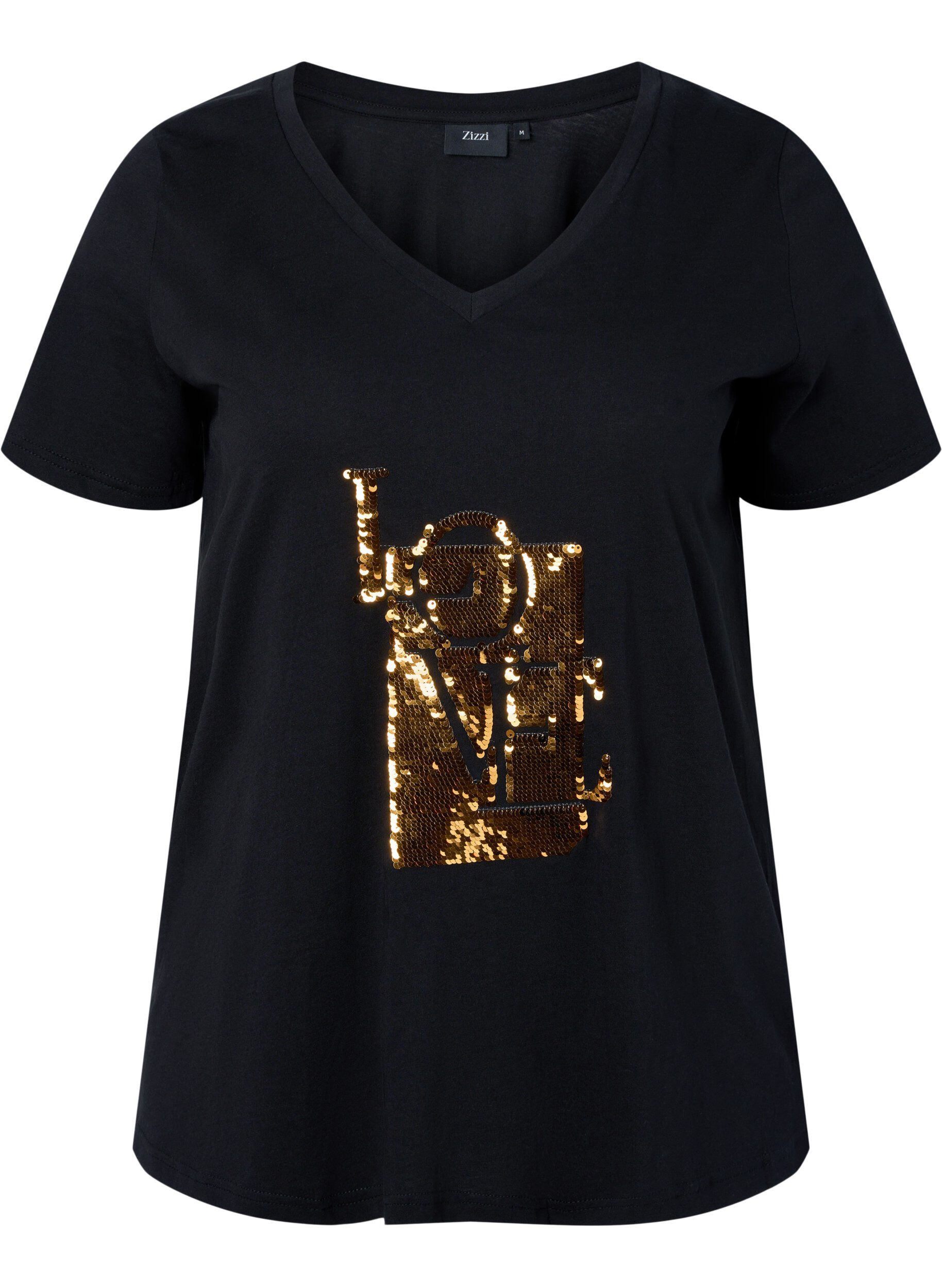 Zizzi Katoenen T-shirt met pailletten, Black w. Love, Packshot image number 0