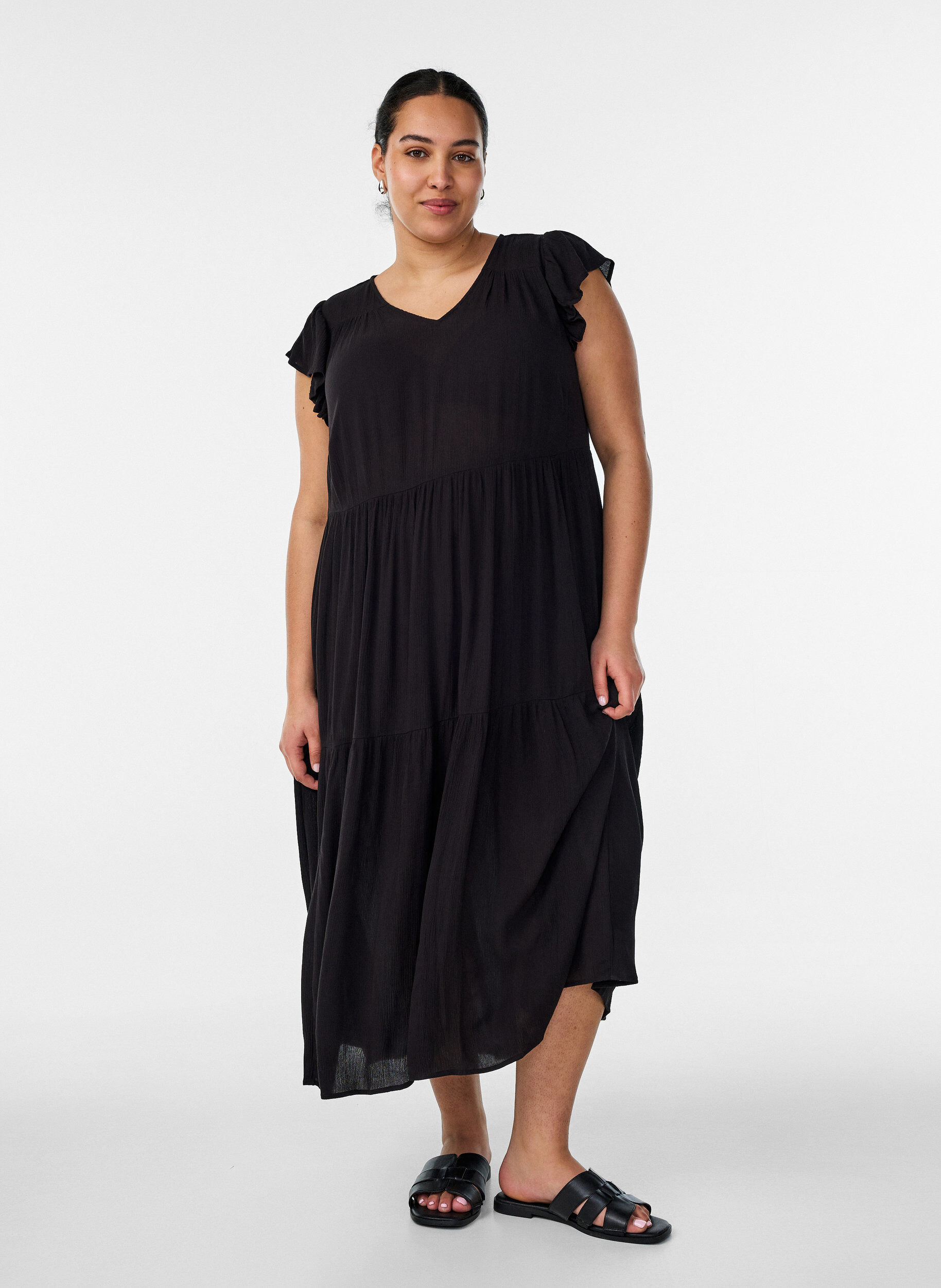 ZizziMidi jurk van viscose met ruches mouwen, Zwart, Model image number 0