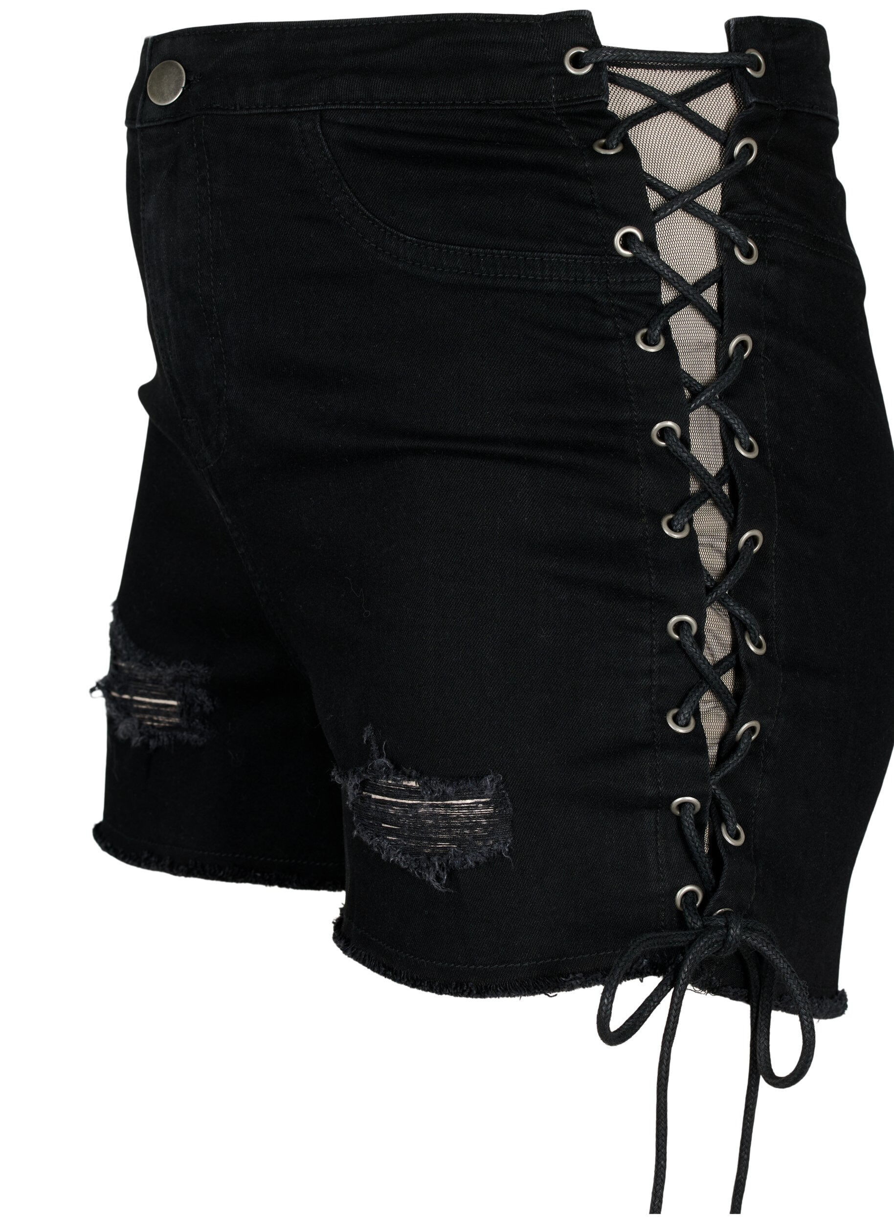 Zizzi Gescheurde denim shorts met trekkoord, Black Denim, Packshot image number 2