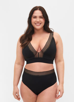 Bikinibroekje met hoge taille en mesh, Black, Model image number 0