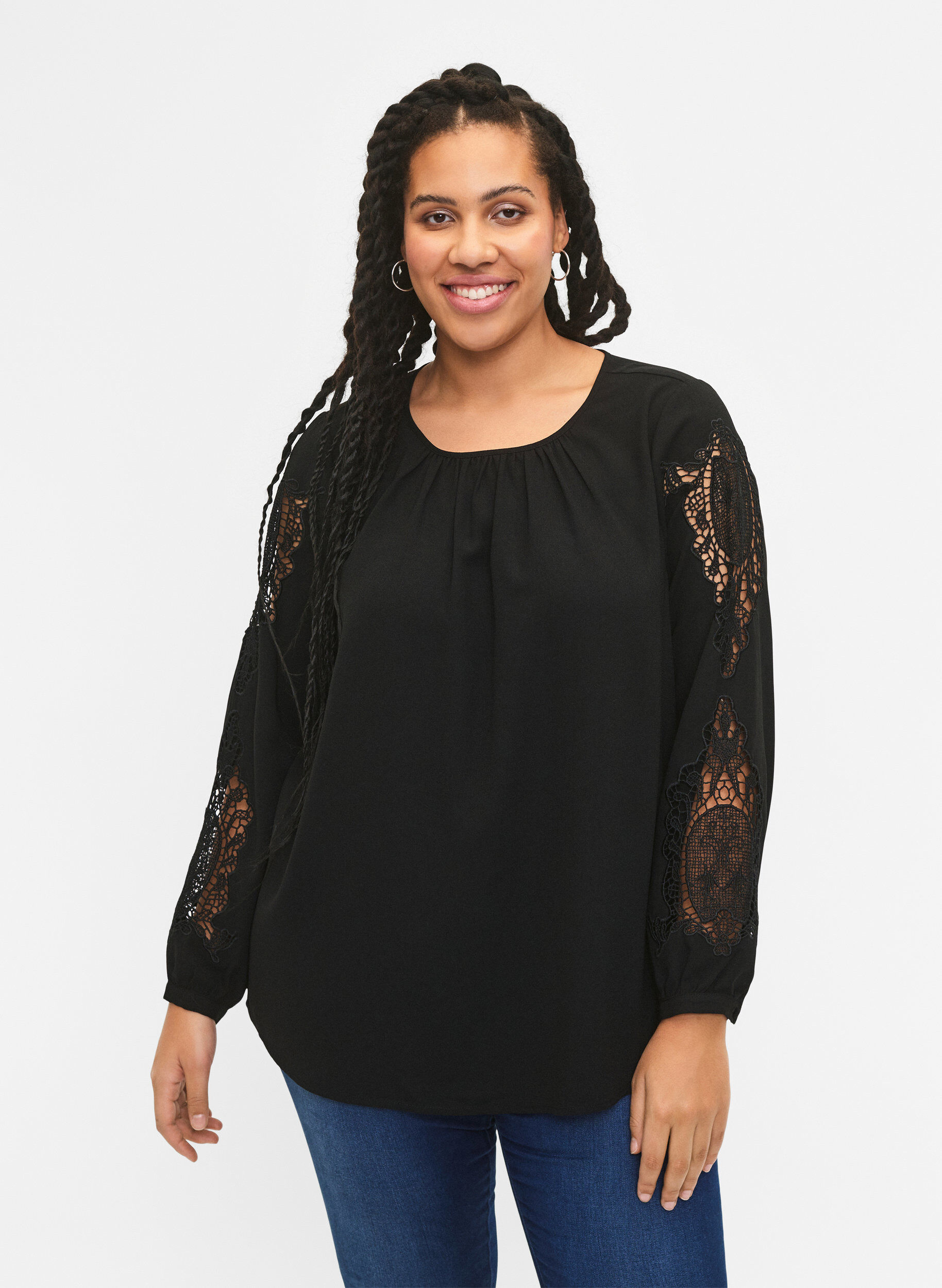 Zizzi Blouse met lange mouwen en gehaakte details, Black, Model image number 0