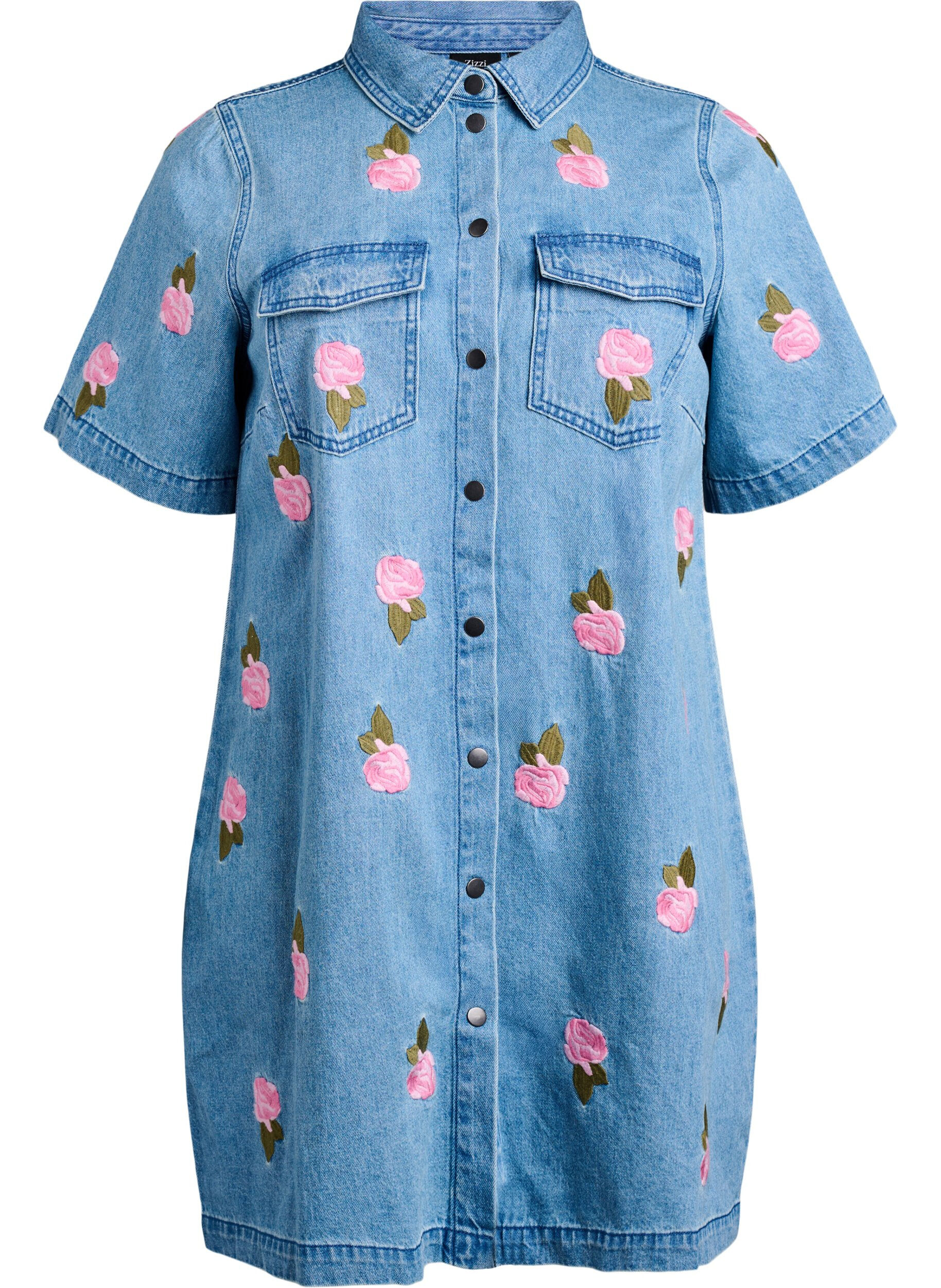 Zizzi Korte denim jurk met geborduurde bloemen, Blauw, Packshot image number 0