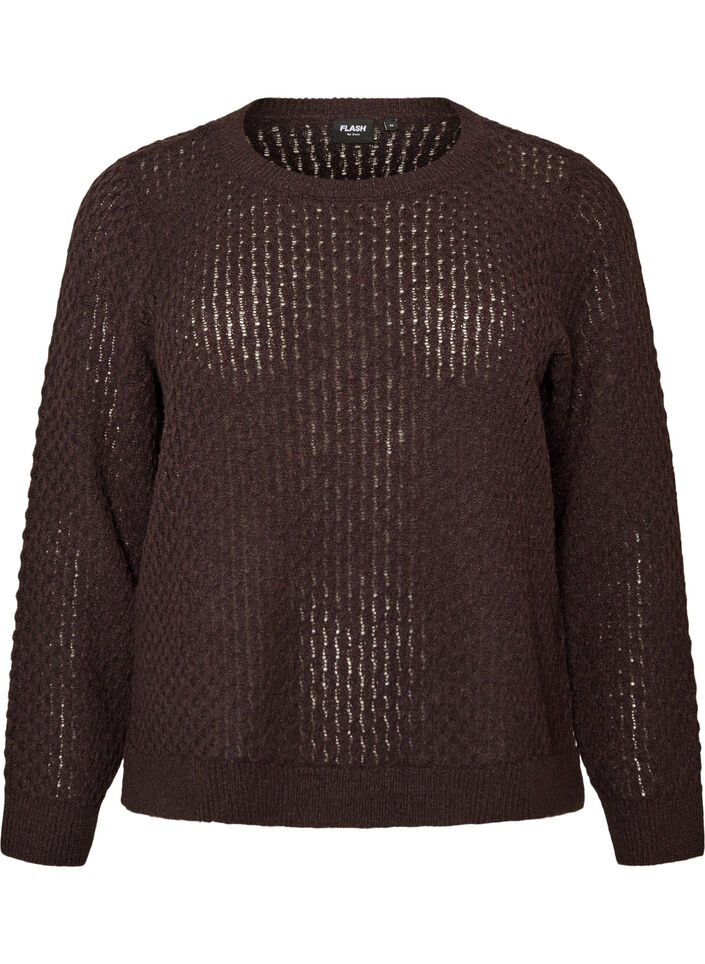 Gebreide blouse met een opengewerkt structuurpatroon, Bruin, Packshot image number 0
