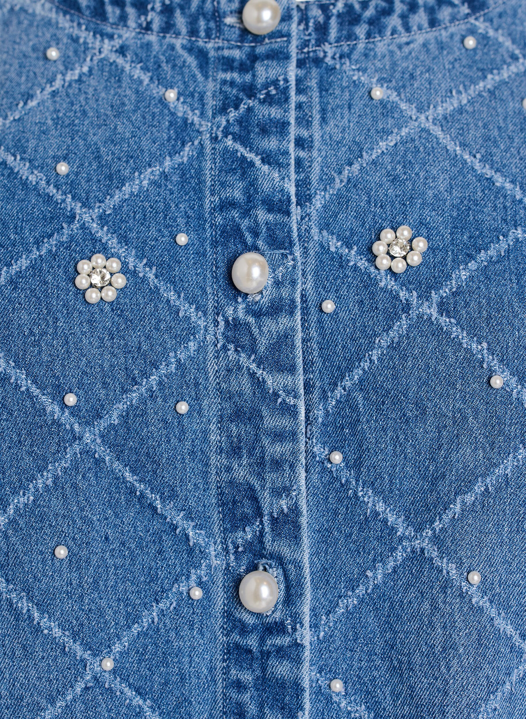 Zizzi Denim blouse met destroyed patroon en pareldetails, Blauw, Packshot image number 2
