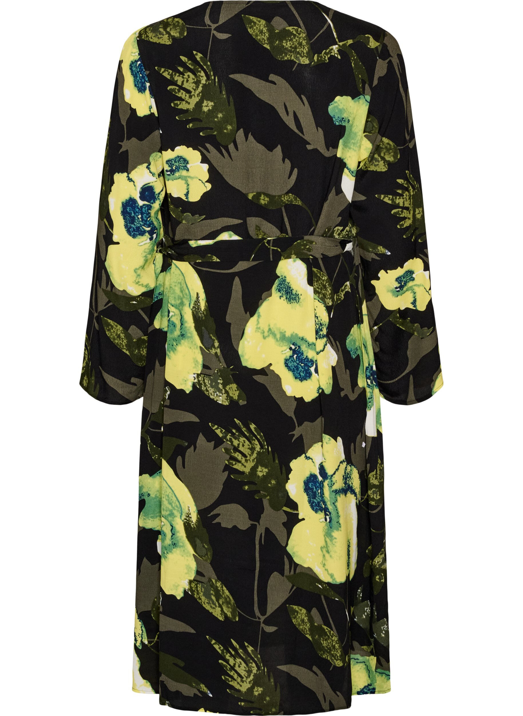 ZizziBloemen wikkeljurk in viscose met een strikceintuur, Zwart, Packshot image number 1