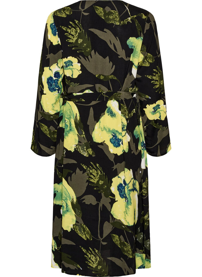 Bloemen wikkeljurk in viscose met een strikceintuur, Zwart, Packshot image number 1