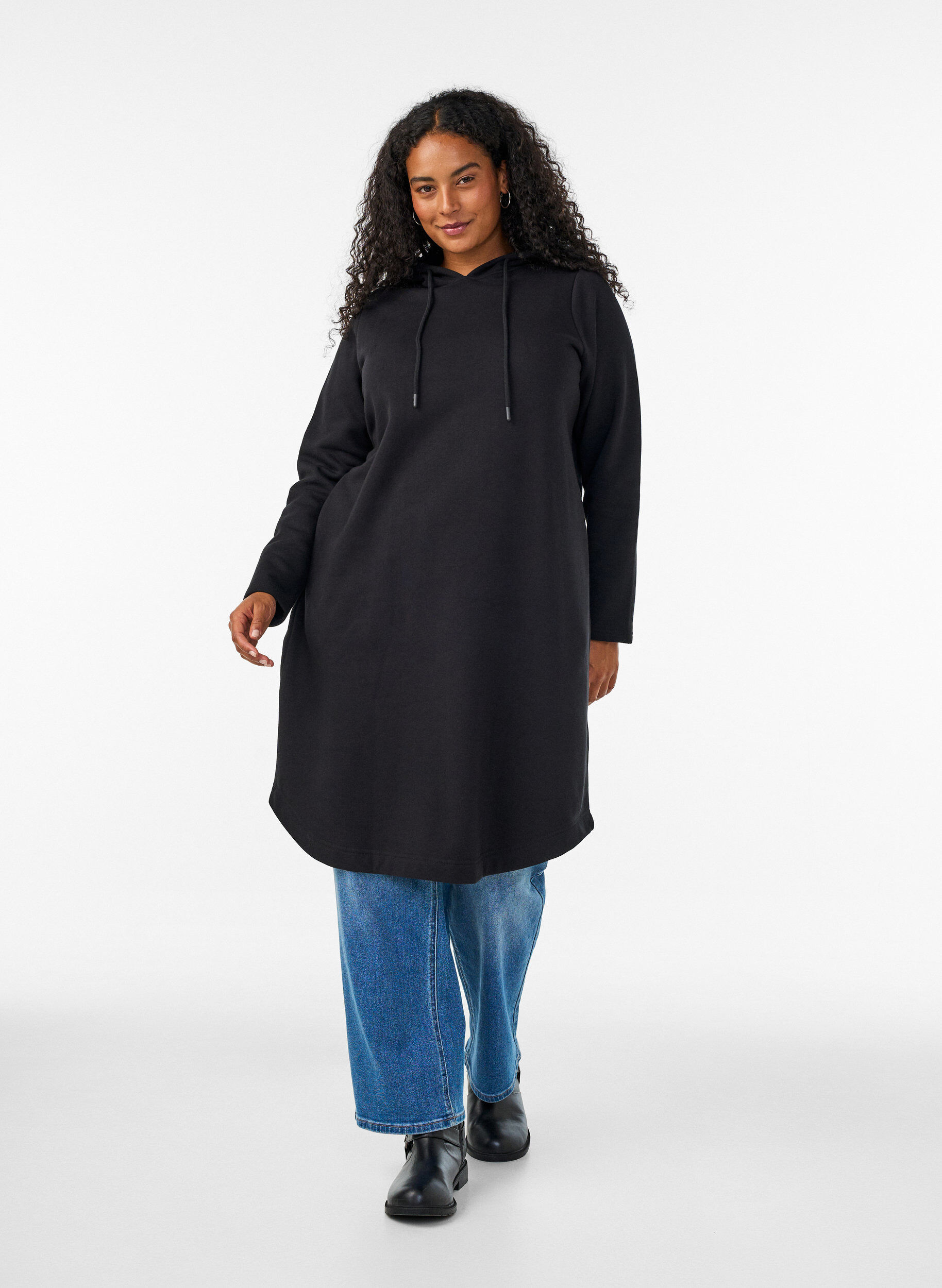 ZizziSweatshirt jurk met capuchon en zakken, Zwart, Model image number 0