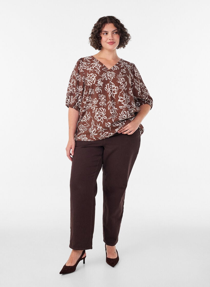 Viscose blouse met V-hals, Bruin, Model image number 1