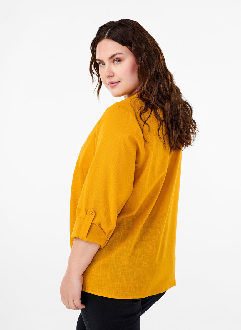 Katoenen overhemdblouse met V-hals, Golden Yellow, Model image number 1