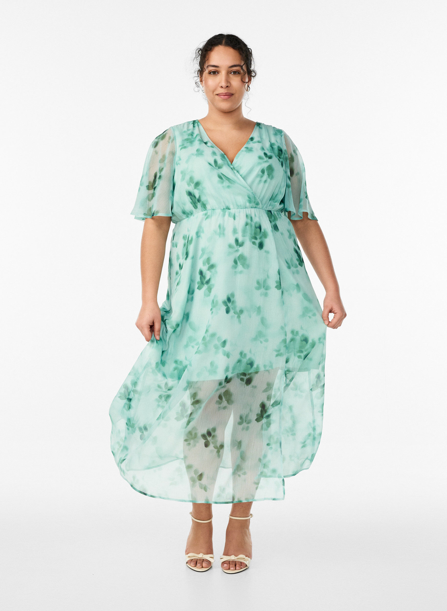 Lange chiffon jurk met bloemenprint en korte mouwen, Groen, Model