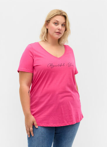 Katoenen t-shirt met korte mouwen en print, Magenta Beautiful, Model image number 0