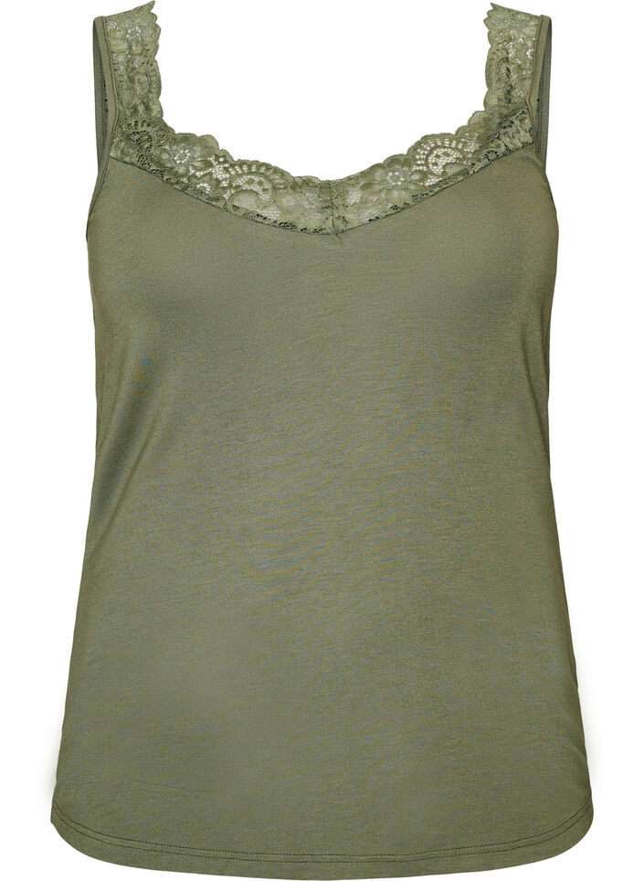 Viscose top met kanten rand, Groen, Packshot image number 0