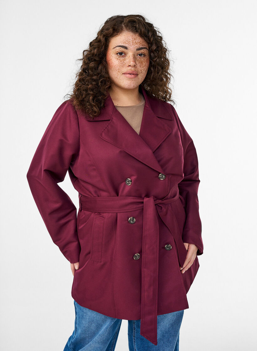 Korte trenchcoat met riem, Donker Bordeaux, Model image number 0