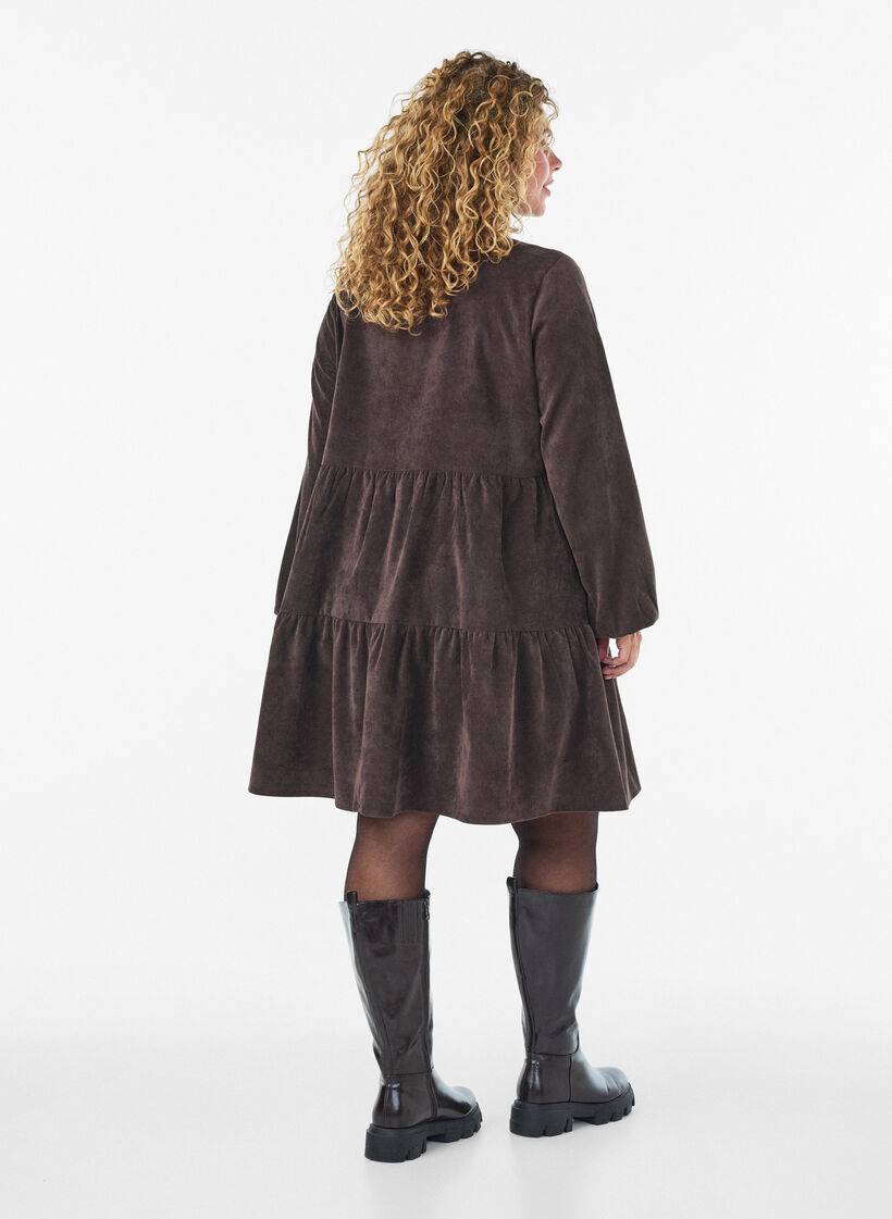 Corduroy jurk met A-lijn en opstaande kraag, Bruin, Model image number 2