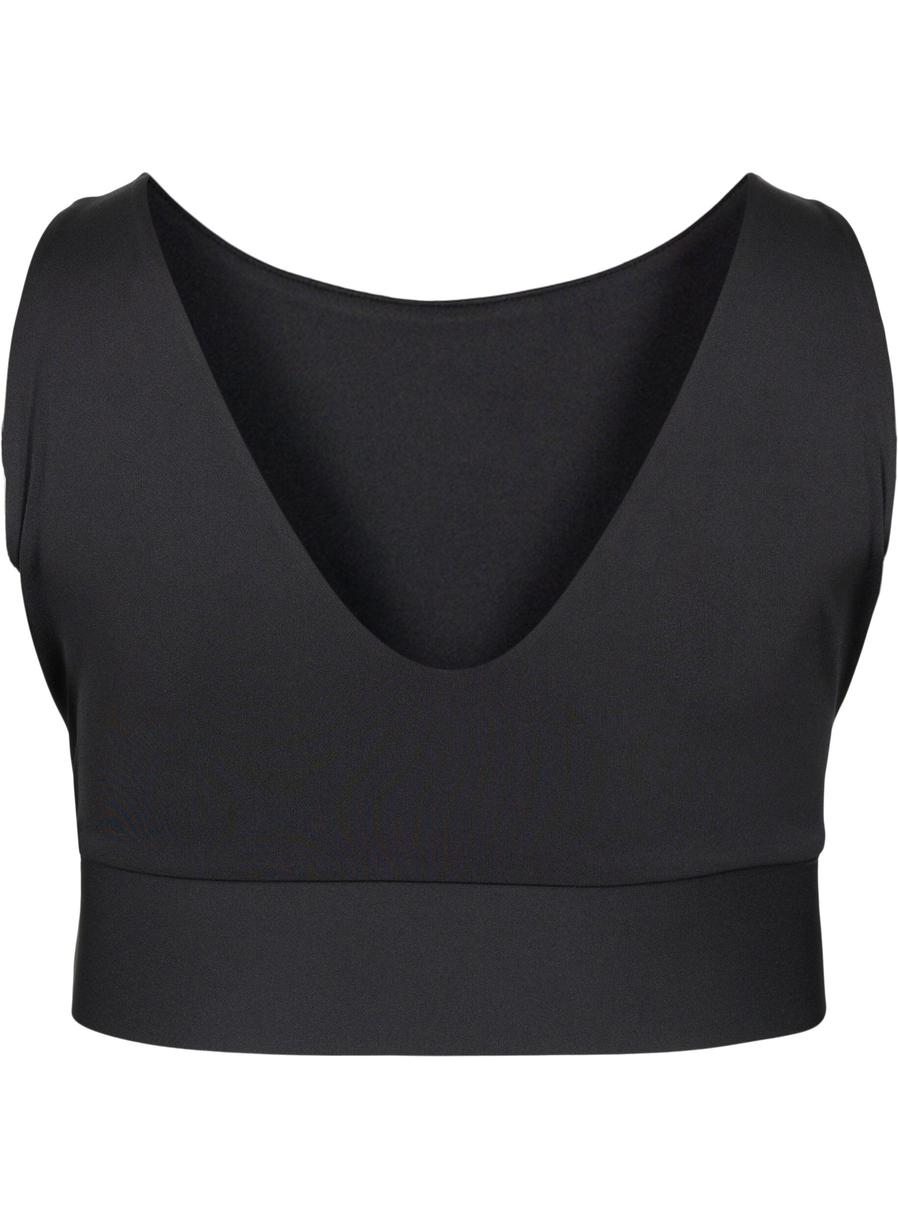 Zizzi CORE, MID SUPPORT SPORTS BRA - Sportbeha in blokkleur met v-rug, Black, Packshot image number 1