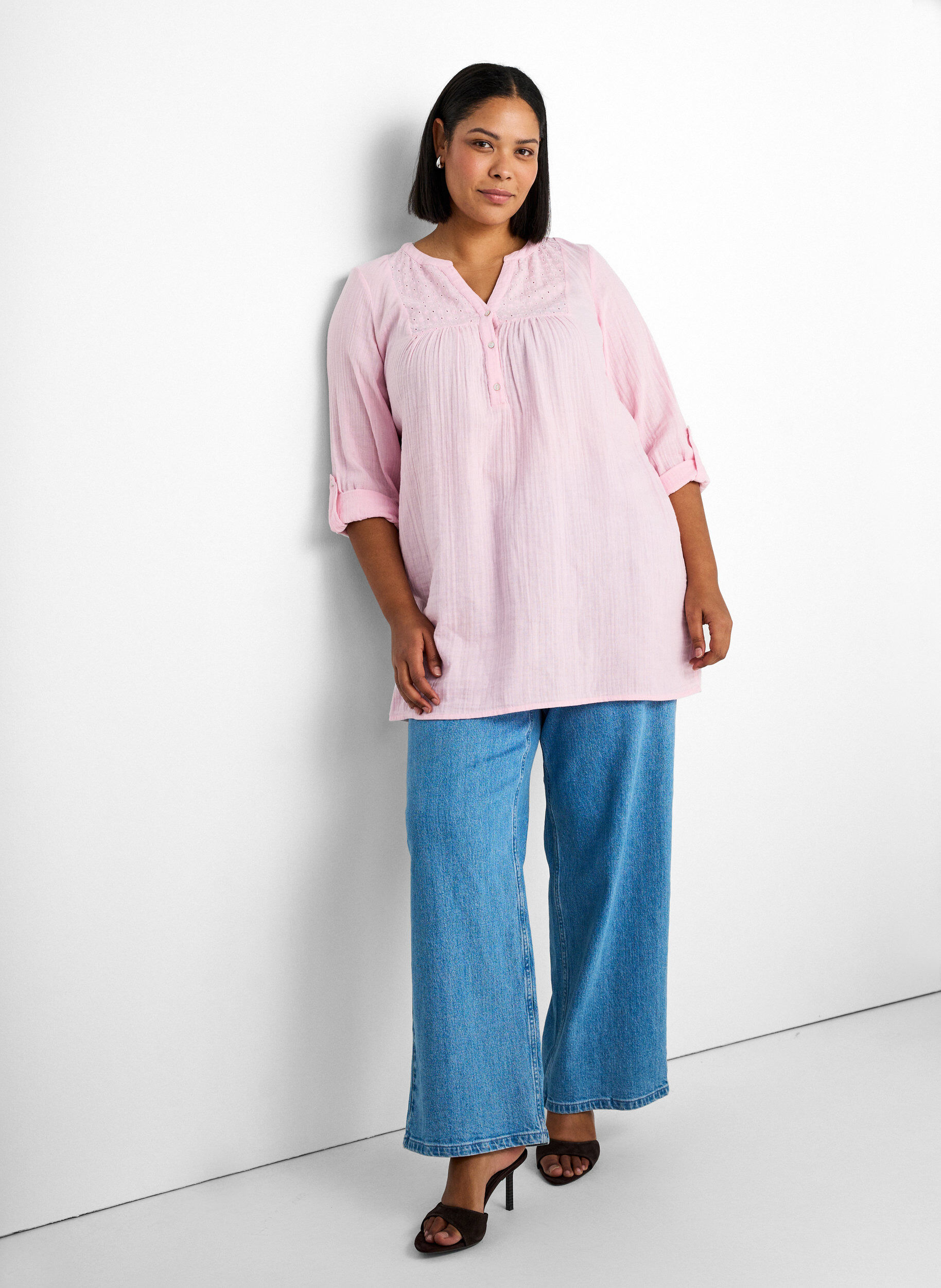 Zizzi Katoenen mousseline tuniek met broderie anglaise, Roze, Image image number 0