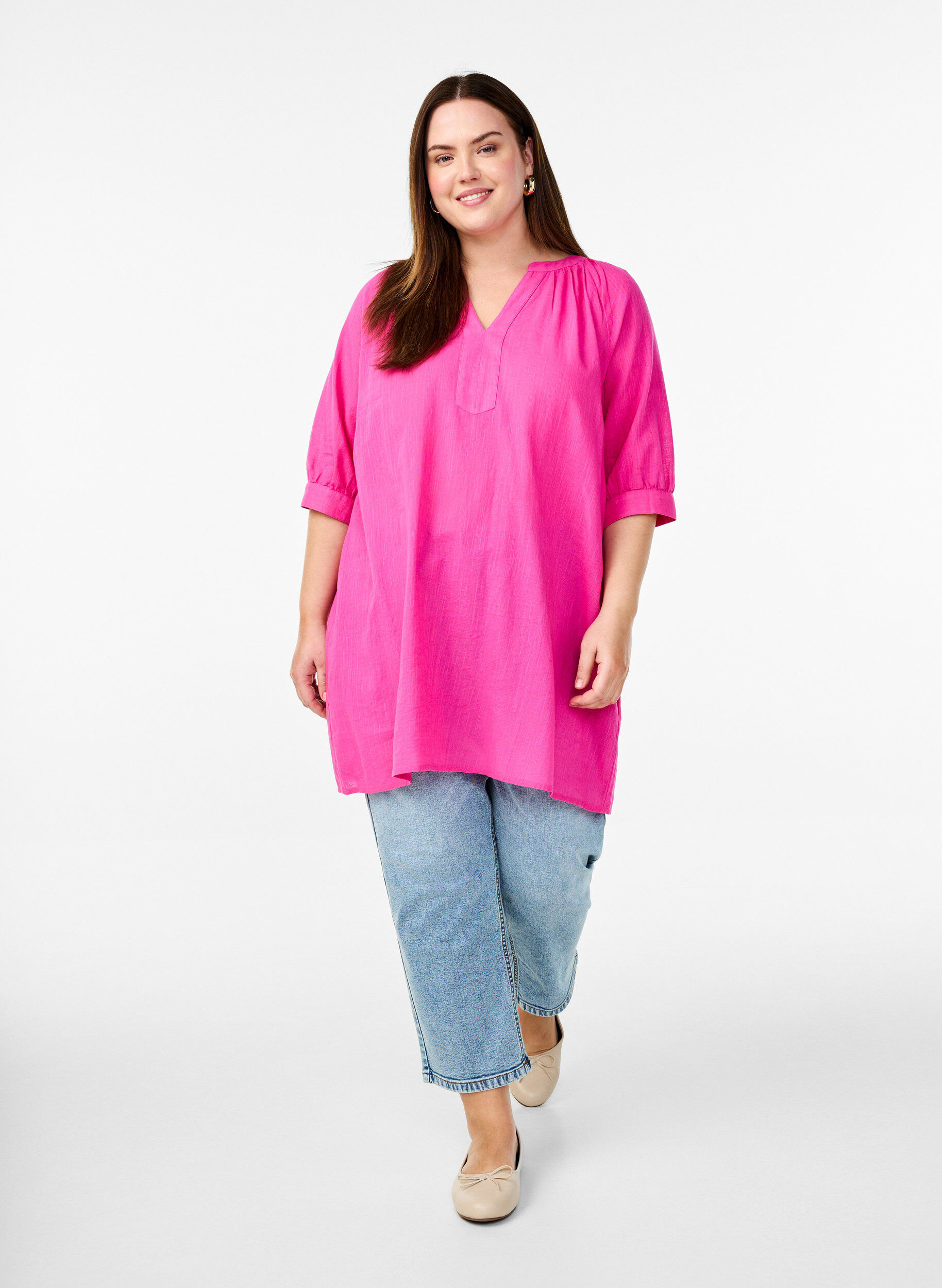 Zizzi Katoenen tuniek met V-hals, Roze, Model image number 1