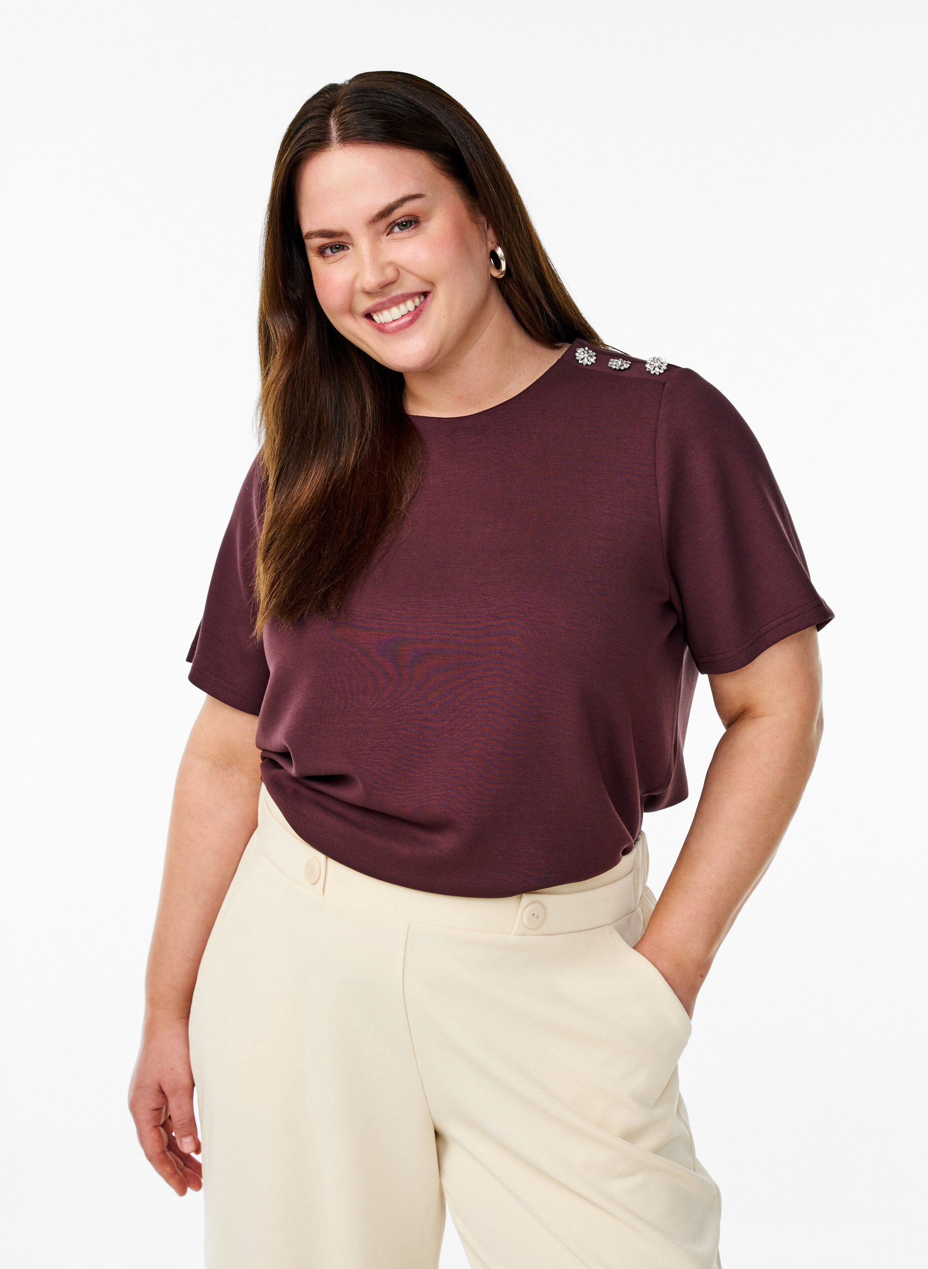 Zizzi Blouse met korte mouwen en knoopdetail, Donker Bordeaux, Model image number 0