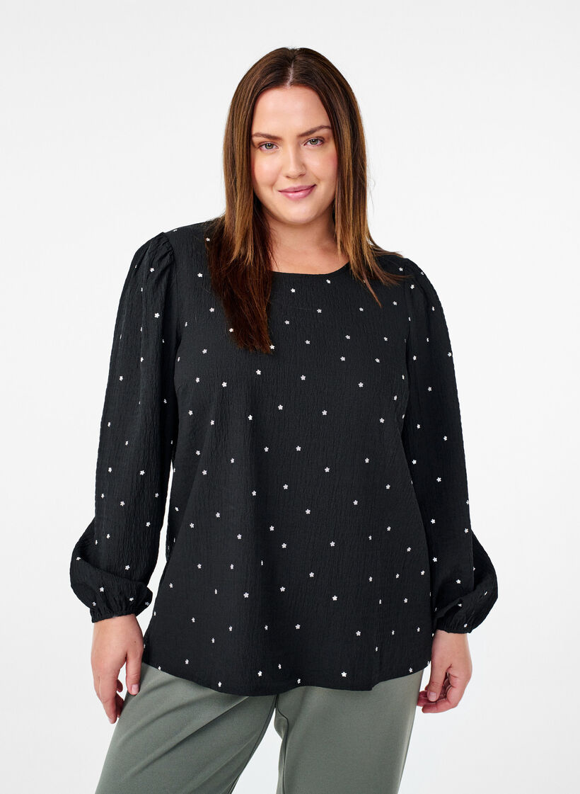 FLASH - Blouse met lange mouwen en kleine bloemen, Black White Flower, Model image number 0