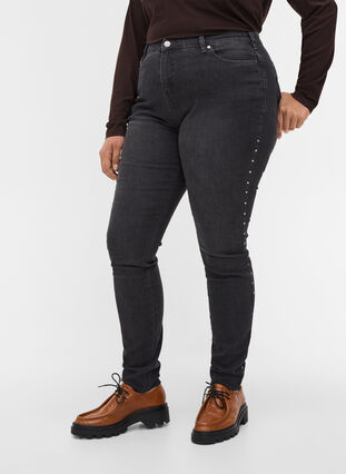 Amy jeans met hoge taille en klinknagels in de zijkant, Dark Grey Denim, Model image number 2