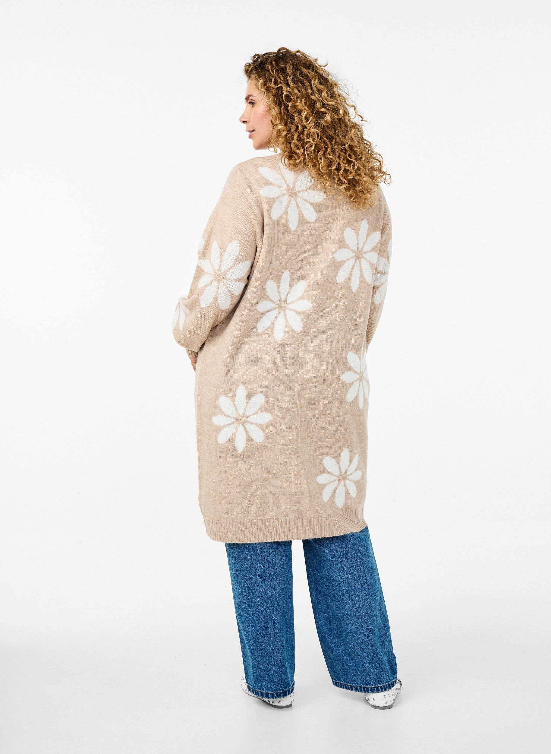 Zizzi Lange cardigan met bloemen breisel, Simply Taupe Comb, Model image number 1