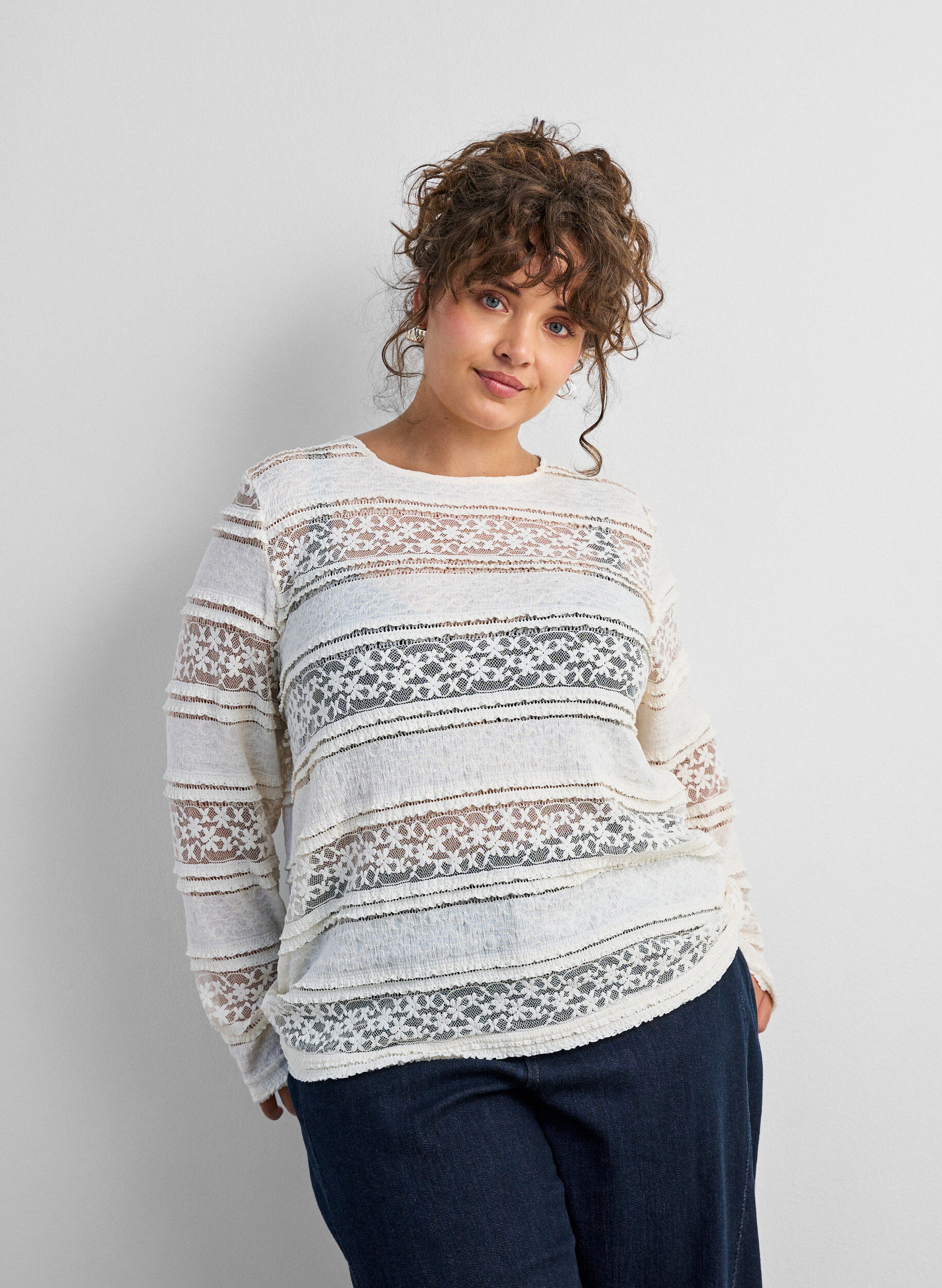 ZizziKanten blouse met lange mouwen, Vanille, Model image number 0